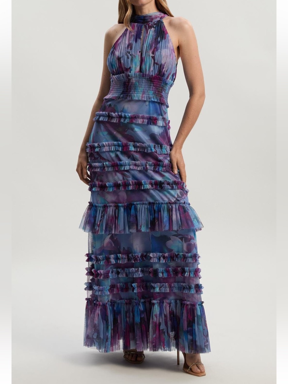 Gorgeous Karen Millen Red & Teal Tiered Tulle Ruffle Halter Maxi Dress  us 4 uk8